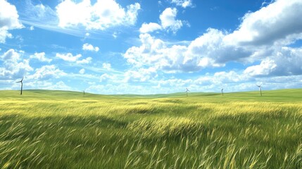 Obraz premium Expansive green meadow under a bright blue sky adorned with fluffy clouds and wind turbines, showcasing elements of renewable energy in a serene landscape.