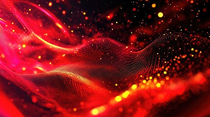 Obraz premium Glowing Red Particles Forming Dynamic Wave Patterns on Black Background, Creating Futuristic Digital Landscape with Lights and Textures, Ideal for Tech and Design Themes