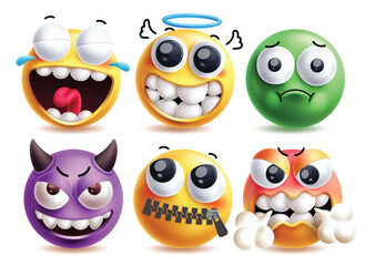 Annoyed face emoji vector characters set. Emojis angel and devil character with clip art icon elements in goofy, sick, dumb, kind and angry facial expression. Vector illustration annoyed face emoji 