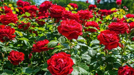 A lush garden filled with vibrant red roses, their petals rich in color and fragrance. The blooms create a stunning contrast against the green foliage, exuding beauty and elegance.