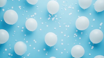 Pastel blue tabletop featuring white balloons and scattered confetti, perfect for festive celebrations or birthday parties in a flat lay arrangement.