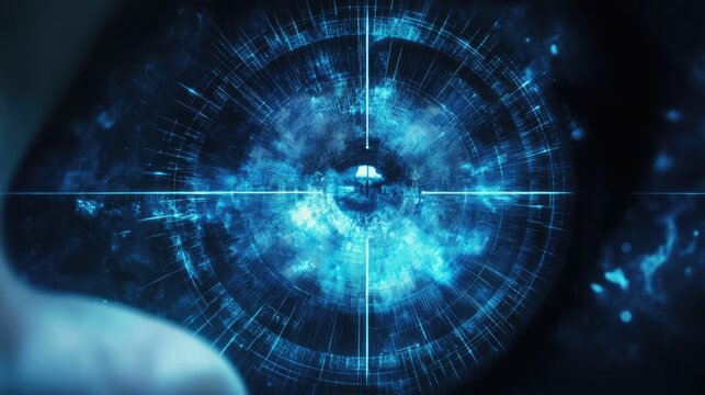 Digital representation of a futuristic eye focusing on precision targeting amidst a cosmic blue backdrop with radiating lines and patterns.