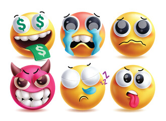 Obraz premium Sob emoji vector characters set. Emojis money tongue, crying, disappointed, devil, sneezing and tired 3d clip art facial expressions yellow icon elements. Vector illustration sob emoji collection. 