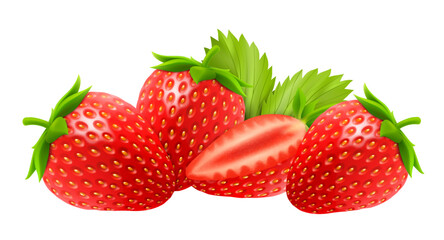 Fresh juicy strawberries isolated on white background. Set of red strawberries, half of strawberry, whole strawberry. Sweet berries icon. Realistic 3d vector illustration