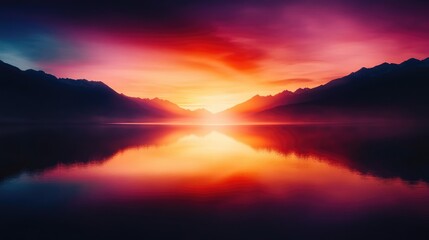 Fototapeta premium Vibrant sunset casting rich colors over serene lake with towering mountains reflecting in calm waters, showcasing the beauty and tranquility of nature.