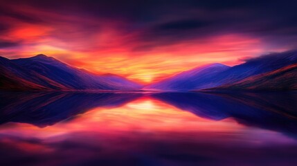 Fototapeta premium Majestic sunset over mountains reflecting in a calm lake, showcasing vibrant hues of orange, pink, and purple, capturing the tranquility of nature's beauty.