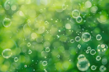 Beautiful light green air bubbles flows over a blurred background.