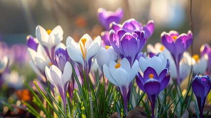 White and purple crocuses in early spring