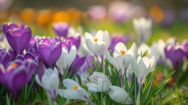 White and purple crocuses in early spring