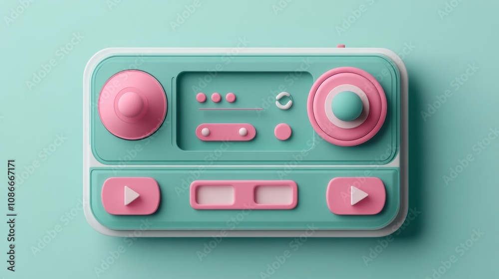 Poster A pastel-colored retro music player with buttons and knobs for playback control.
