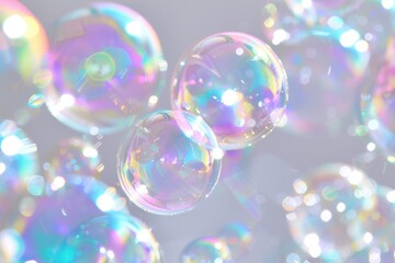 Light shiny bubbles soars over a white background.