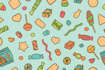 Seamless pattern with colorful candies, cookies and sweets on a blue background. Texture for banners, wallpaper, textile, wrapping paper, confectionery or children's party. Vector
