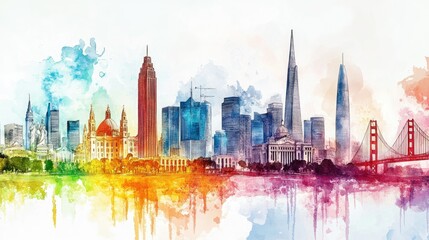 Obraz premium Vibrant Watercolor Skyline Illustration featuring Iconic Buildings and Landmarks of a Modern City with a Colorful Abstract Background