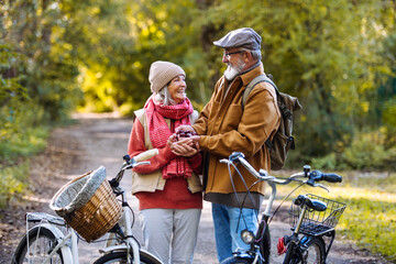 Naklejka premium Lovely elderly couple on standing in the middle of autumn nature with their bikes, foraging for chestnuts.