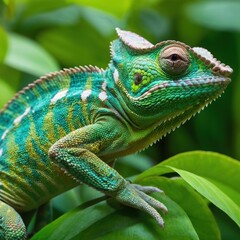 Fototapeta premium A chameleon blending into vibrant green jungle leaves