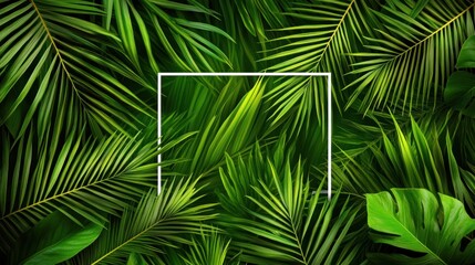 A vibrant arrangement of green palm leaves with a blank frame for customization.