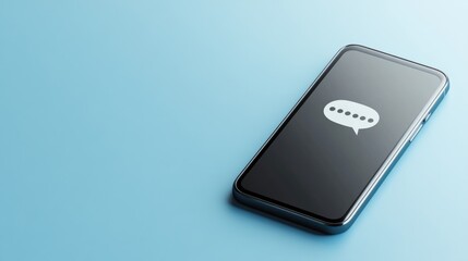 Fototapeta premium Sleek mobile device displaying a speech bubble icon on a vibrant blue background symbolizing online communication and messaging technology.