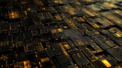 A textured grid of interconnected black and gold panels featuring intricate designs and glowing patterns, creating a futuristic and abstract landscape.