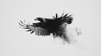 Obraz premium Majestic eagle soaring elegantly in flight, detailed feathers blending into abstract black splashes against a pristine white backdrop.