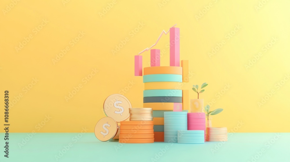 Poster a colorful representation of financial growth with coins and bar graphs.