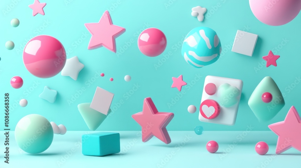Aufkleber a playful arrangement of colorful geometric shapes and spheres in a vibrant setting.