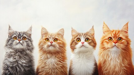 Four majestic cats showcasing unique fur patterns and vibrant eyes, elegantly posed against a soft, clean white backdrop.