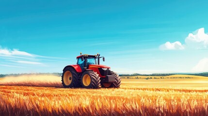 Fototapeta premium Tractor Cultivating Golden Wheat Field Under Bright Blue Sky with Fluffy Clouds