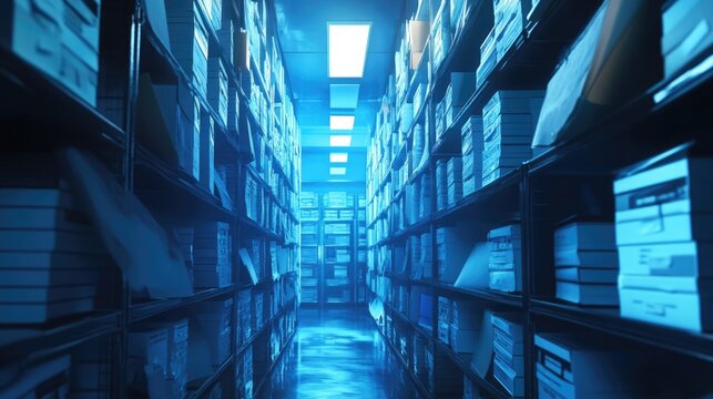 Digital document management system with organized shelves full of files, showcasing an illuminated audit trail for tracking views and modifications.