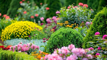 Obraz premium Flowering shrubs in a landscaped garden