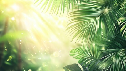 Obraz premium Sunlight filtering through lush green palm leaves, creating a serene tropical ambiance ideal for summer-themed backgrounds and designs.