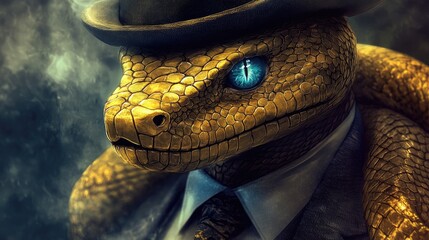 Golden Snake in a Suit and Hat