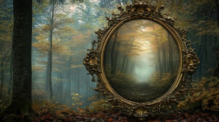 Fototapeta premium Enchanted Mirror Framed in Ornate Gold Amidst a Mystical Autumn Forest, Reflecting a Foggy Pathway through Vibrant Trees and Soft Light