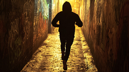 Figure in a Black Hoodie Running Down a Narrow Alleyway with Graffiti on the Walls, Highlighting the Escape from Danger 