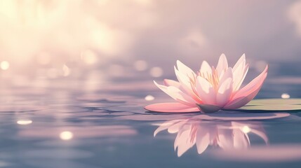Delicate pink water lily floating gracefully on serene water surface, reflecting soft light and surrounded by gentle ripples.