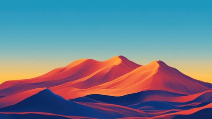 Majestic desert dunes glowing in warm sunset hues, set against a striking gradient of blue and gold in the sky.