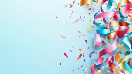 Vibrant confetti and streamers cascade against a soft blue background, creating a festive atmosphere ideal for celebrations and special events.