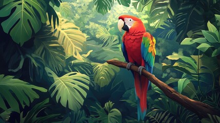 Vibrant scarlet macaw resting on a tree branch surrounded by lush green tropical leaves in a rich rainforest environment