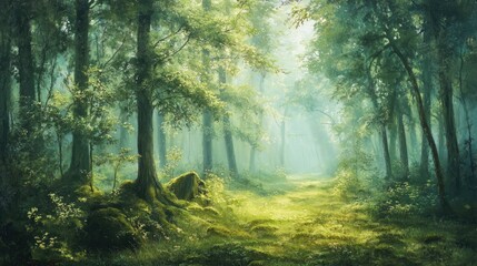 Fototapeta premium Misty forest landscape showcasing vibrant green moss, towering trees, and soft, tranquil light creating a serene outdoor atmosphere.