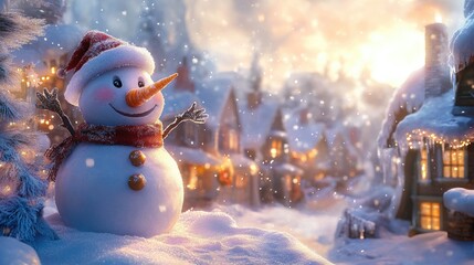 Obraz premium Cheerful snowman wearing a festive Santa hat, surrounded by a serene snowy landscape, with cozy illuminated homes celebrating the winter holiday spirit.