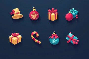Simple Christmas icons on Midnight Blue, using a combination of Cherry Red, Bright Gold, and Ice Blue with subtle Soft Black shadows and Frost Blue emboss