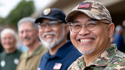 A group of smiling individuals in military and casual attire, showcasing camaraderie and pride, set against a blurred background.