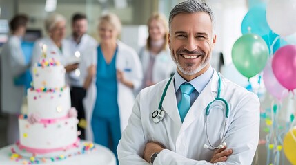 A smiling doctor celebrates with colleagues at a festive event featuring a large cake and colorful balloons.