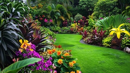 Lush garden with vibrant blooming flowers and diverse plant species