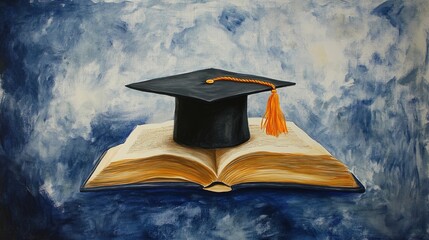Graduation cap placed on an open book symbolizing academic achievement and the pursuit of knowledge against a blue artistic background.