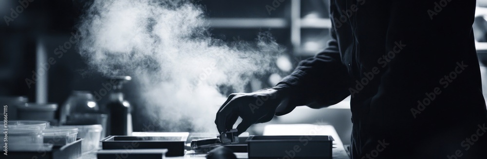 Aufkleber a person working with materials, creating smoke in a dimly lit workspace.