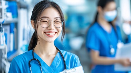 Fototapeta premium A smiling healthcare professional in blue scrubs stands confidently, showcasing a positive attitude in a medical environment filled with supplies.