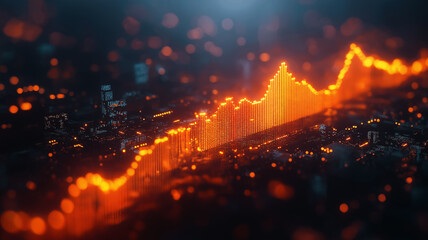 A digital bar chart glowing in orange, showcasing data analysis and trends in a futuristic city environment