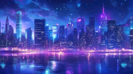 Obraz premium Vibrant night cityscape with colorful lights reflecting on water, featuring skyscrapers illuminated against a starry sky and a tranquil harbor ambiance.