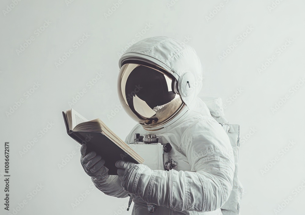 Aufkleber an astronaut reading a book in a minimalist setting.