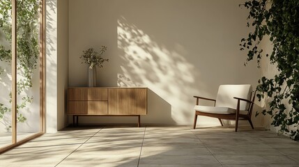 A serene interior space featuring a chair, sideboard, and natural light with plant accents.